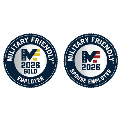Two circle graphics designating Seagate as a 2026 gold level military friendly employer and 2026 military friendly spouse employer.
