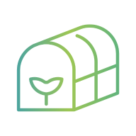 Line‑art icon of a greenhouse structure with a simple sprouting plant inside.