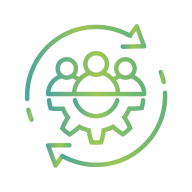Line‑art icon showing three people above a gear, surrounded by circular arrows indicating a continuous process.