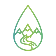 Line‑art icon of mountains and a winding path inside a water‑drop shape.