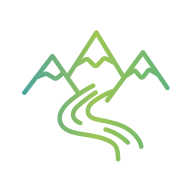 Line‑art icon of three mountains with a winding path leading toward them.