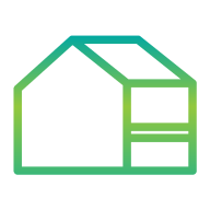 Icon of a building with a leaf symbol on it and a cloud shape above, suggesting an environmental or sustainable facility.