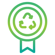 Green badge icon with circular arrow recycling symbol indicates responsible reuse.