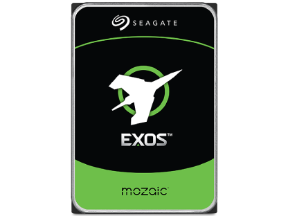 Seagate Exos Mozaic hard drive shown on black background with white branding and front label, featuring signature Exos jet graphic.