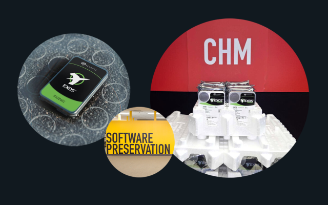 Collage of Seagate Exos drive, CHM exhibit with drives, and "Software Preservation" signage.