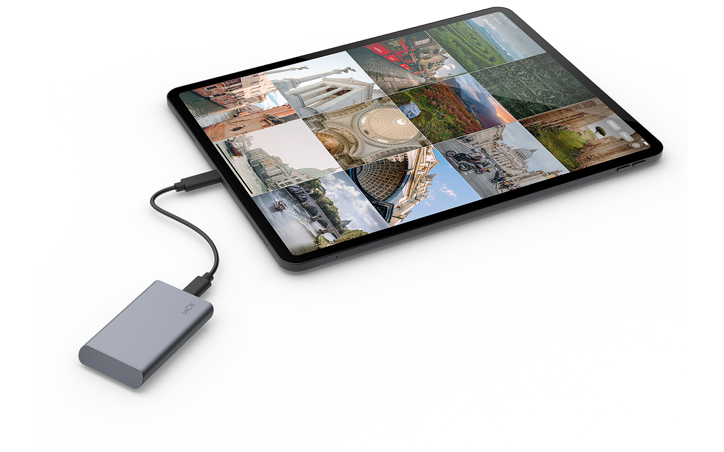 LaCie Mobile SSD Secure drive is shown connected to a tablet, demonstrating its versatility for file backup.