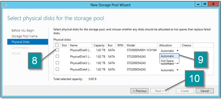 Screen shot of the disks you want to pool, allocation, and next
