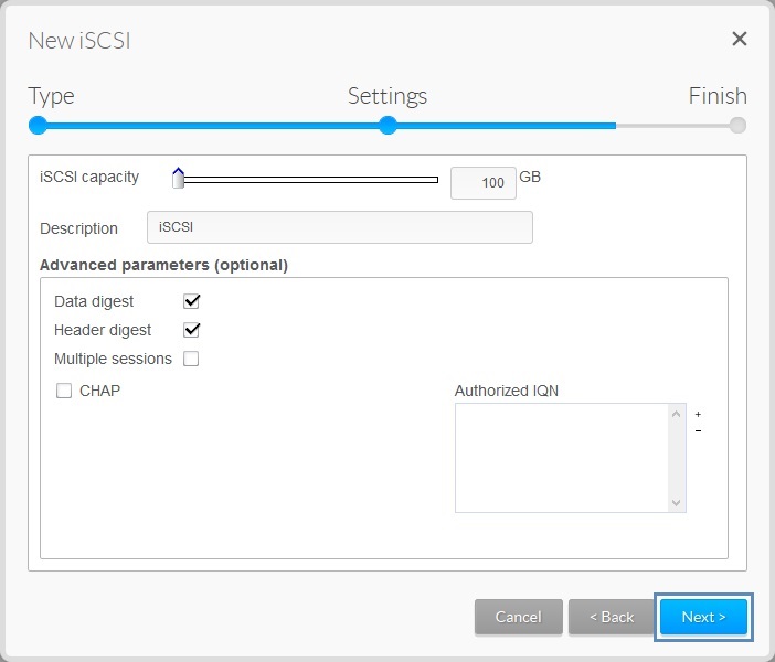 Setting the iSCSI volume's capacity