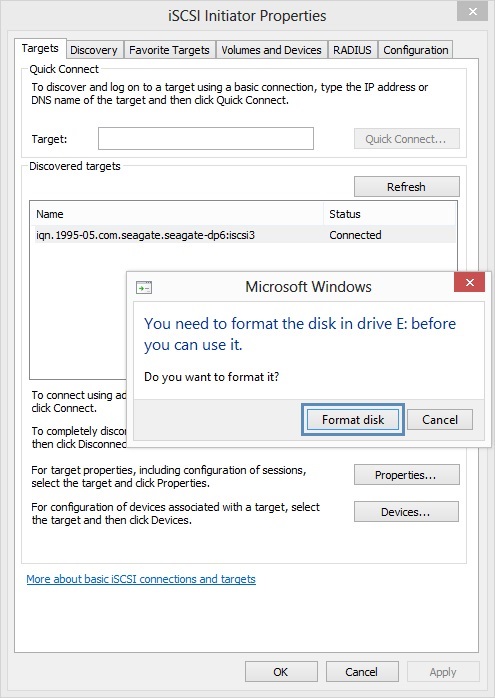iSCSI initiator and Formatting the volume.