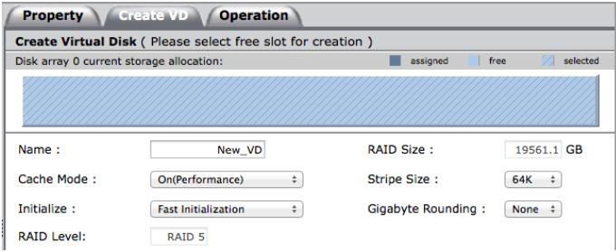 Screen for creating a virtual disk.