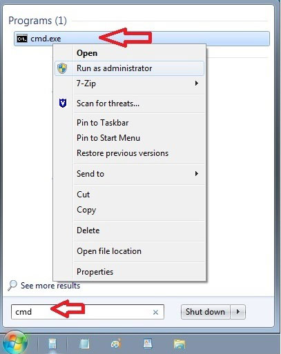Shows how to search for CMD from the Start Menu. There is an arrow pointing to the text cmd and the application cmd.exe