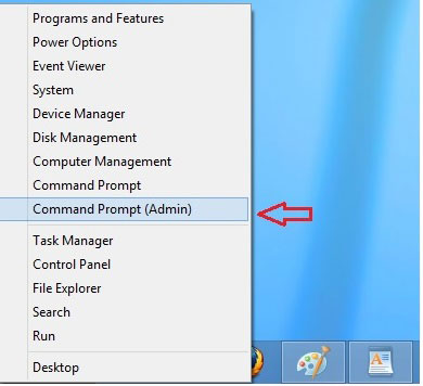 Shows the pop up window from Windows 8. The Compand Prompt (Admin) is highlighted. There is an arrow pointing to Command Prompt (Admin)