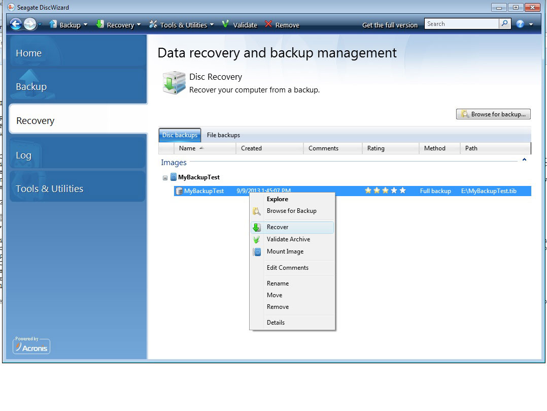 *From Boot CD* Shows the Recover option in the drop down that is given when you right click on the selected image backup file.