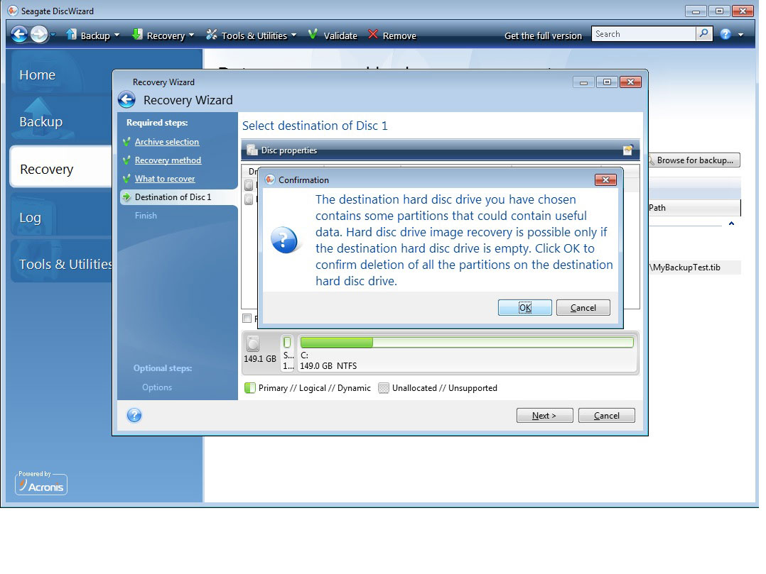 *From Boot CD* Pop Up window warning you that Discwizard will delete all partitions off the Destination Disc.