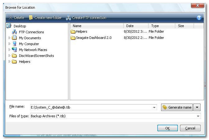 *From Boot CD* Shows a 'Windows Explorer' to browse for a location to store the image file.